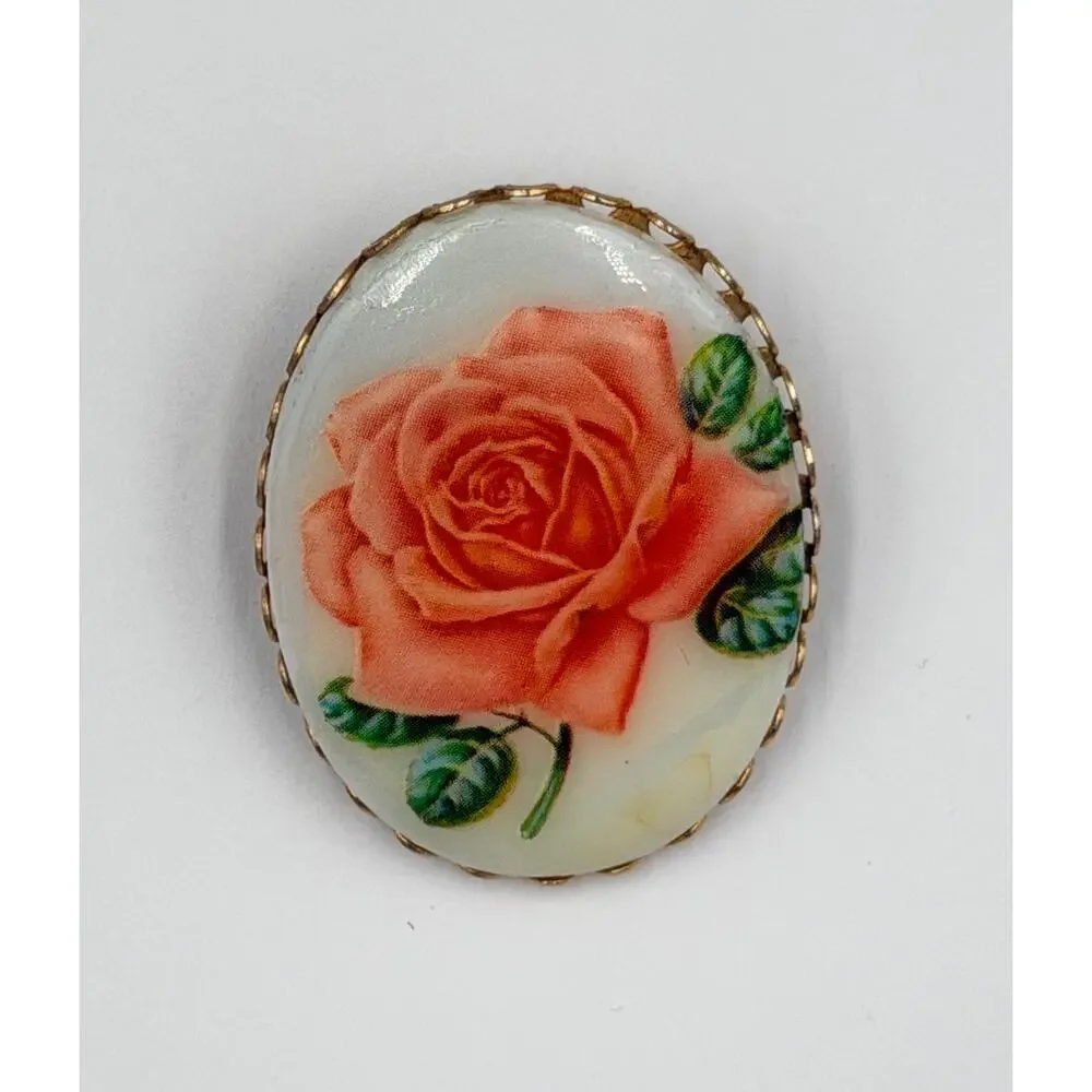 Vintage Victorian Milk Glass Hand Painted Oval Rose Brooch Filigree Frame